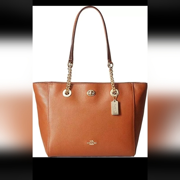 Coach Turnlock Pebbled Saddle Leather Chain Tote Bag - Picture 1 of 15